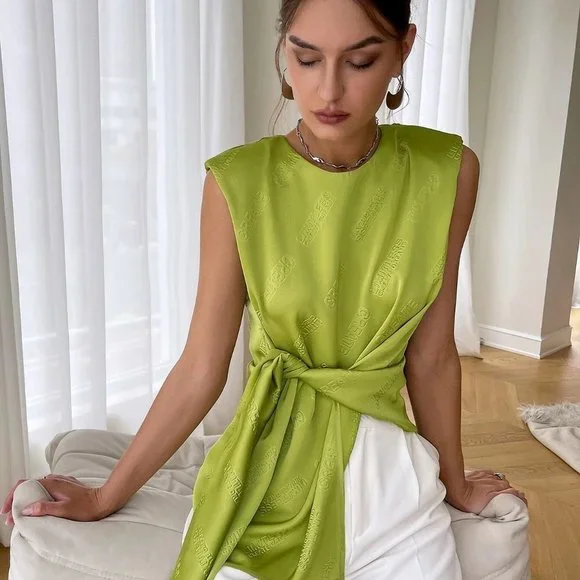 Tie Front Shoulder Pad Blouse green - Picture 5 of 5